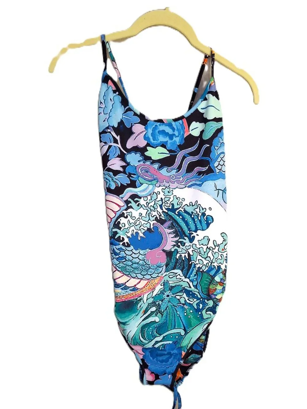 HALE BOB One-piece Swimsuit Lace-up Criss-Cross Back Sz L Black/Blue Multi